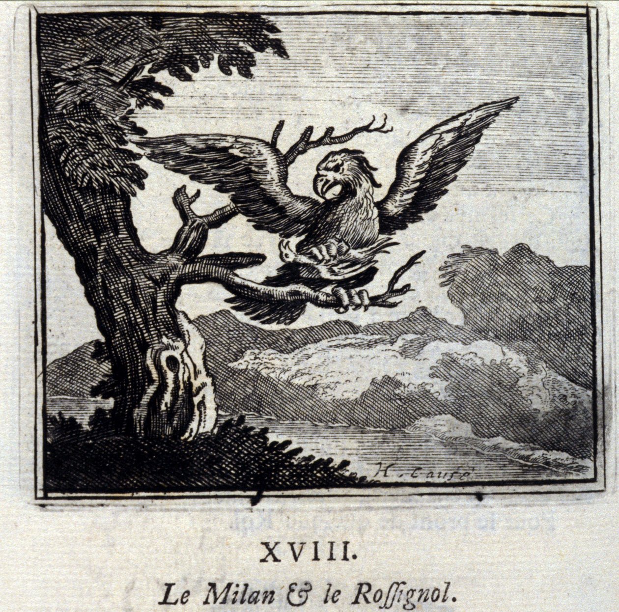 Milano y el ruiseñor. Fábulas de Jean de La Fontaine (1621-95). Ilustración de François Chauveau (1613-1676). Edición de 1728. de Francois Chauveau