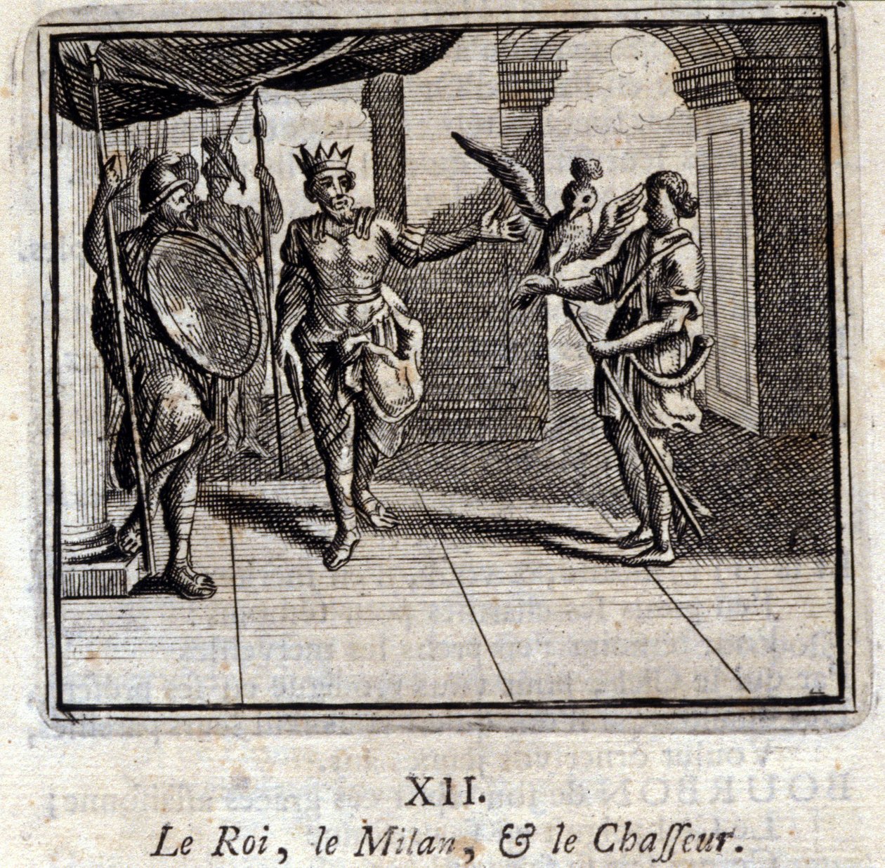 Milán el rey y el cazador. Fábulas de Jean de La Fontaine (1621-95). Ilustración de François Chauveau (1613-1676). Edición de 1728 de Francois Chauveau