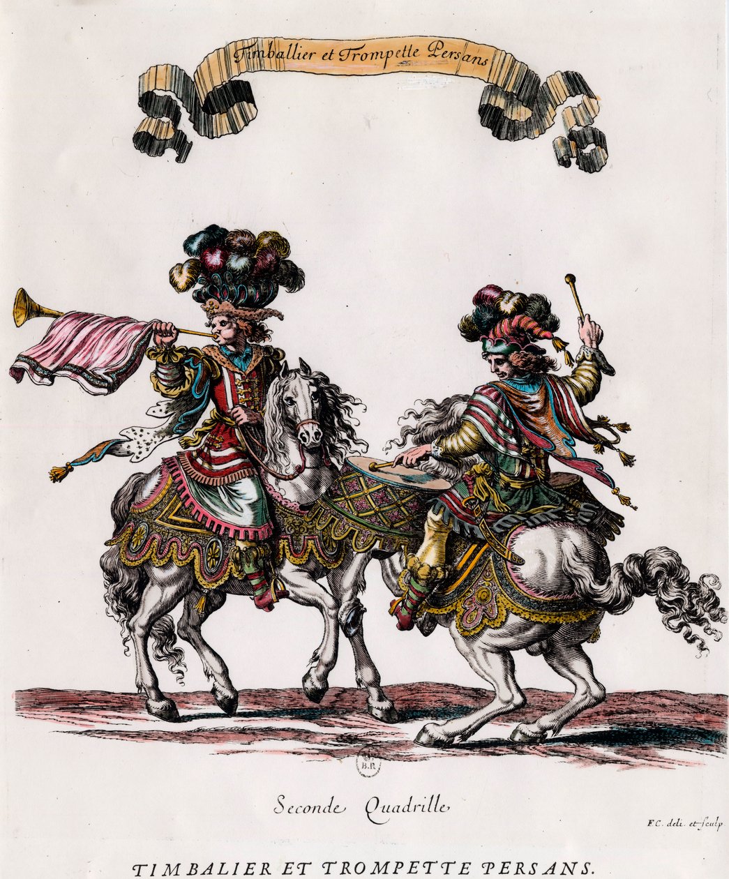 Timbalero y trompeta persas durante el carrusel dado por el Rey Luis XIV (1639-1715) Grabado por François Chauveau (1613-1676) circa 1662 Colección privada de Francois Chauveau