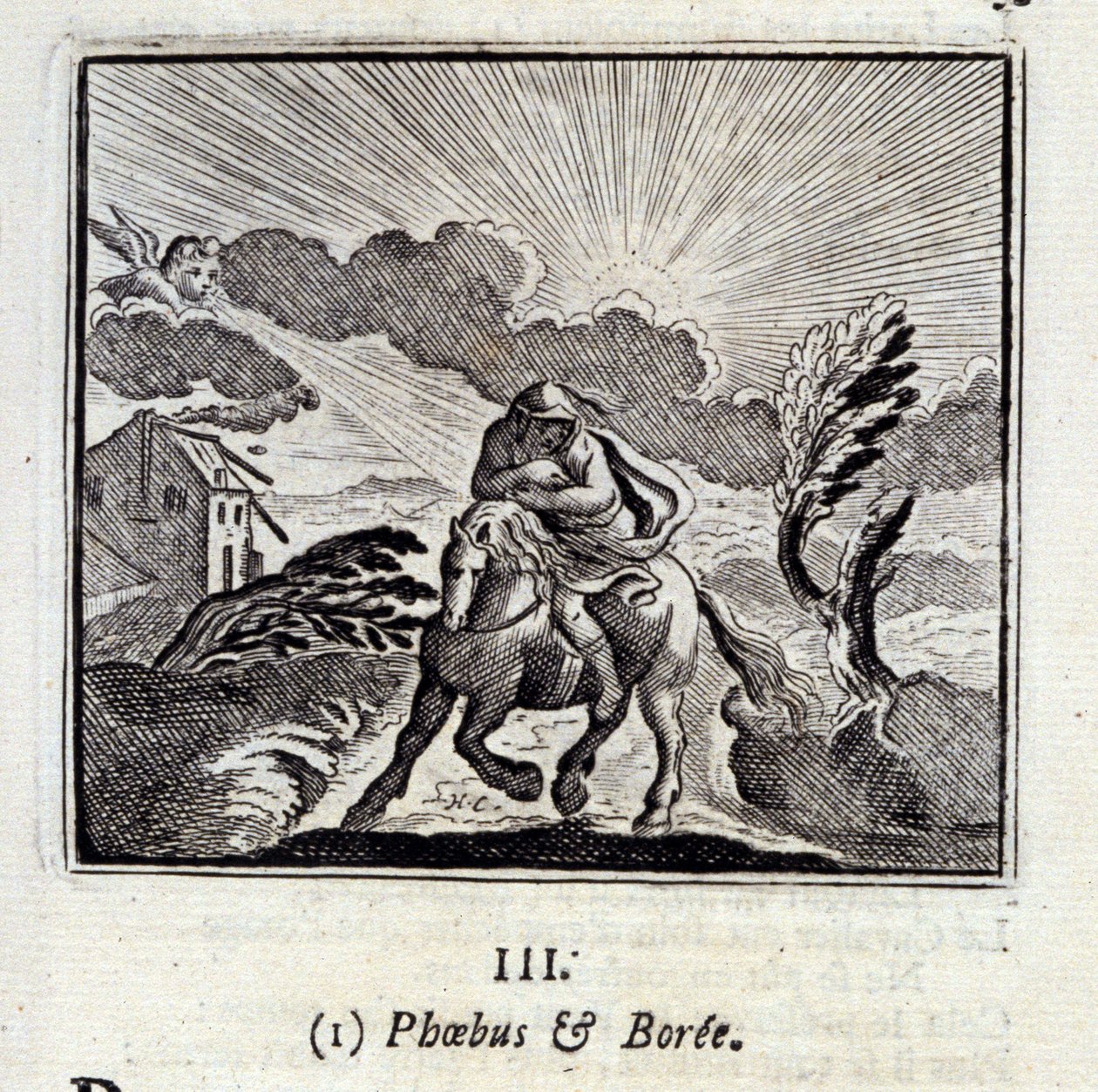 Febo y Bóreas. Fábulas de Jean de La Fontaine (1621-95). Ilustración de François Chauveau (1613-1676). Edición de 1728 de Francois Chauveau