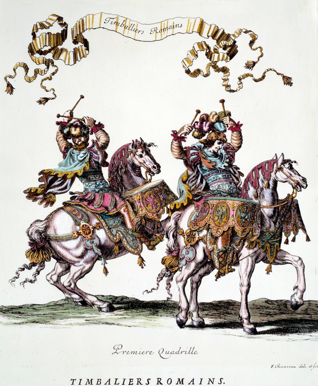 Timbaleros romanos durante el carrusel dado por el rey Luis XIV (1638-1715) en 1662. Grabado de François Chauveau (1613-1676) siglo XVII Colección privada de Francois Chauveau