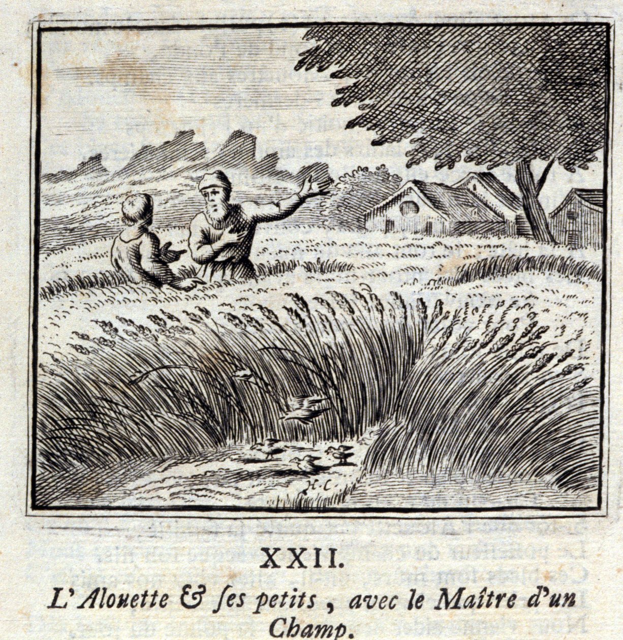 La alondra y sus crías con el dueño de un campo. Fábulas de Jean de La Fontaine (1621-95). Ilustración de François Chauveau (1613-1676). Edición de 1728. de Francois Chauveau