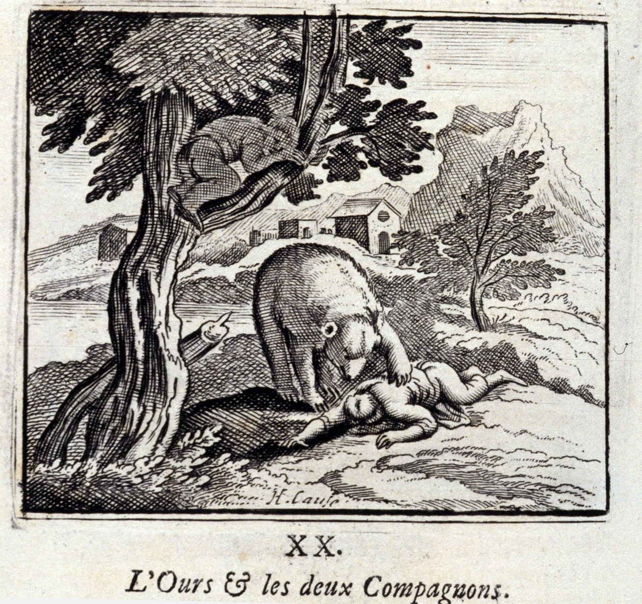 El oso y los dos compañeros. Fábulas de Jean de La Fontaine. Ilustración de François Chauveau. Edición de 1728. de Francois Chauveau