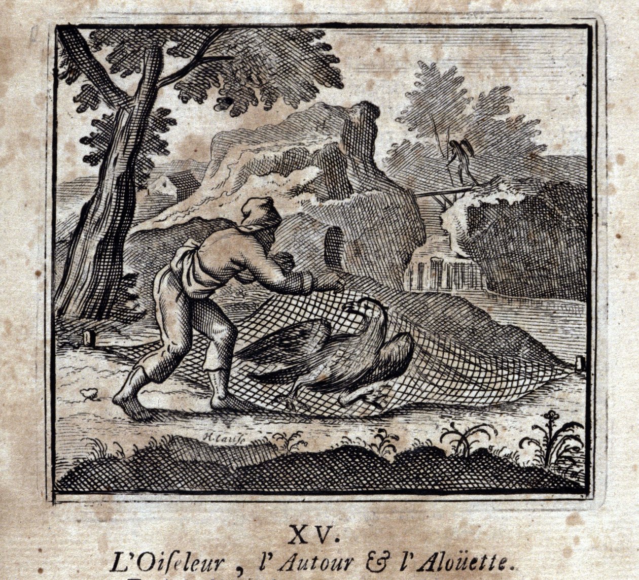 El pájaro alrededor y la alondra. Fábulas de Jean de La Fontaine (1621-95). Ilustración de François Chauveau (1613-1676). Edición de 1728 de Francois Chauveau