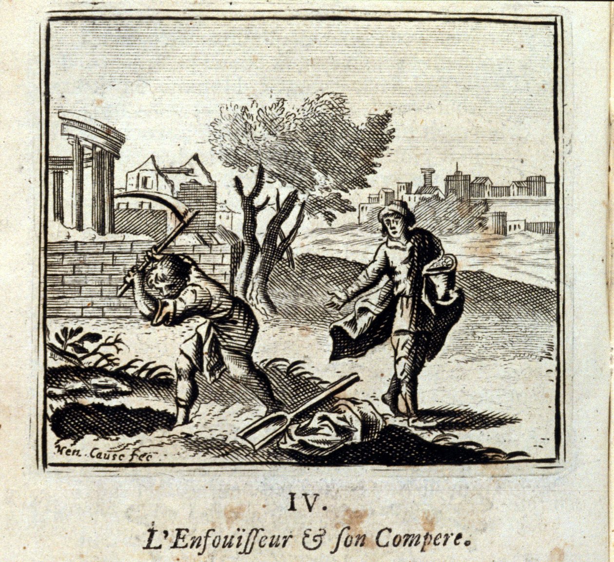 El quemador y su compadre. Fábulas de Jean de La Fontaine (1621-95). Ilustración de François Chauveau (1613-1676). Edición de 1728 de Francois Chauveau