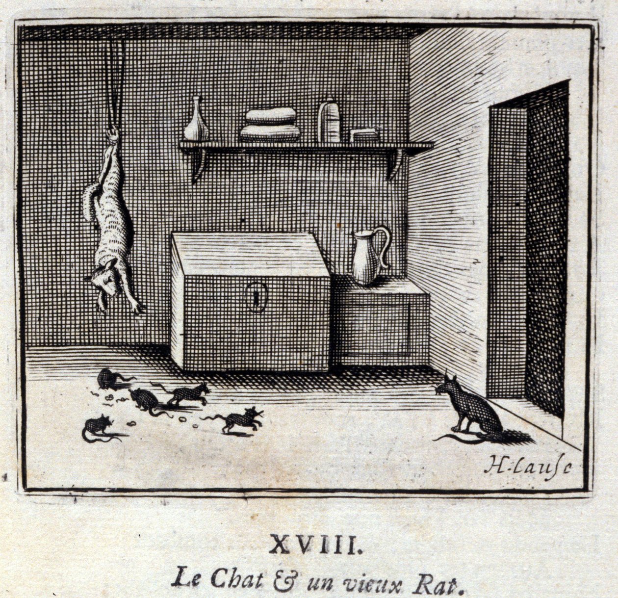 El gato y una vieja rata. Fábulas de Jean de La Fontaine. Ilustración de François Chauveau. Edición de 1728. de Francois Chauveau