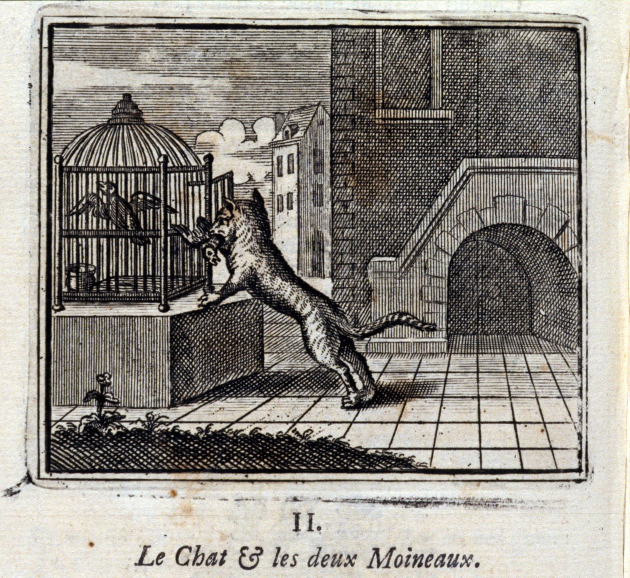 El gato y los dos gorriones. Fábulas de Jean de La Fontaine (1621-95). Ilustración de François Chauveau (1613-1676). Edición de 1728 de Francois Chauveau