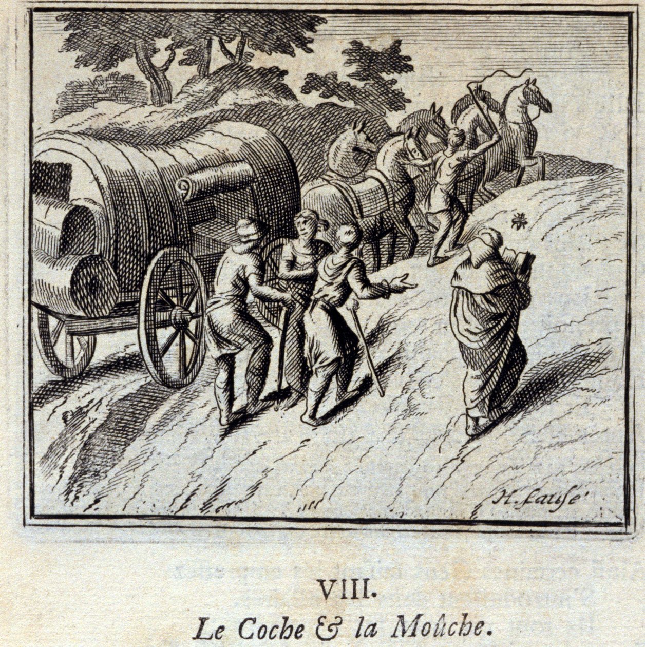 El coche y la mosca. Fábulas de Jean de La Fontaine (1621-95). Ilustración de François Chauveau (1613-1676). Edición de 1728 de Francois Chauveau