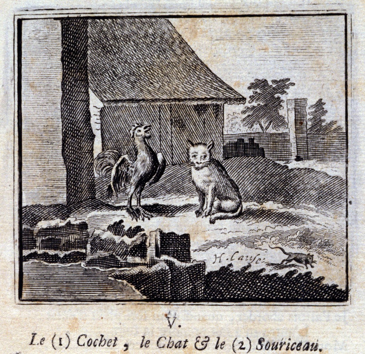 El gallo, el gato y el ratón. Fábulas de Jean de La Fontaine (1621-95). Ilustración por François Chauveau (1613-1676). Edición de 1728. de Francois Chauveau