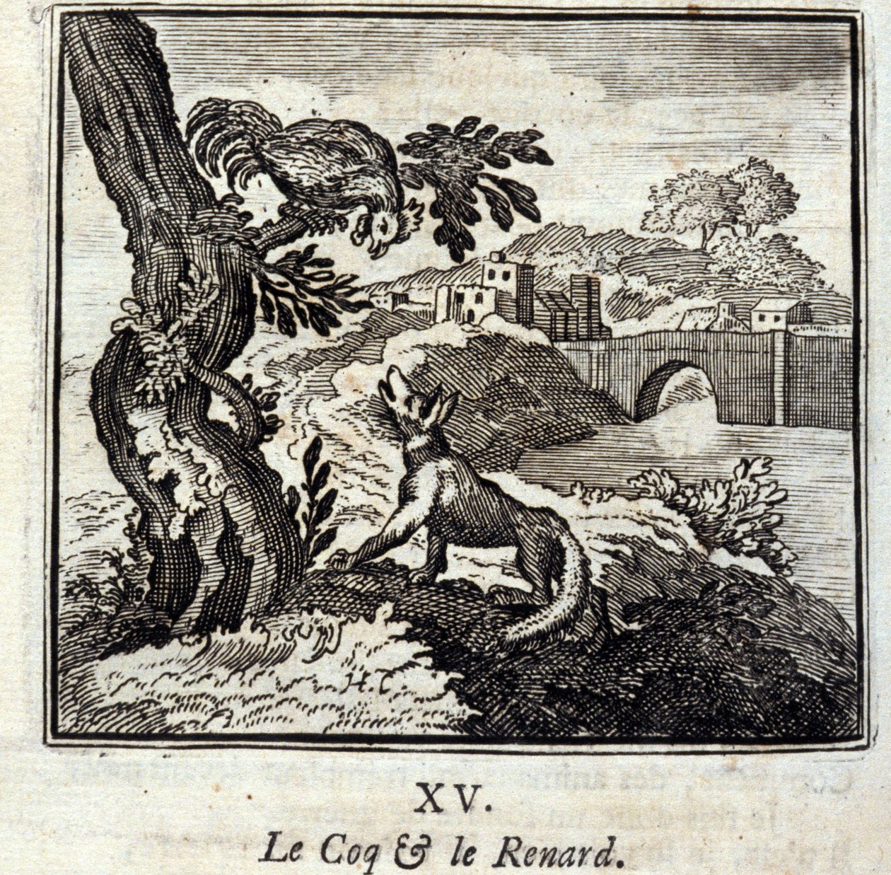 El gallo y el zorro. Fábulas de Jean de La Fontaine (1621-95). Ilustración de François Chauveau (1613-1676). Edición de 1728. de Francois Chauveau