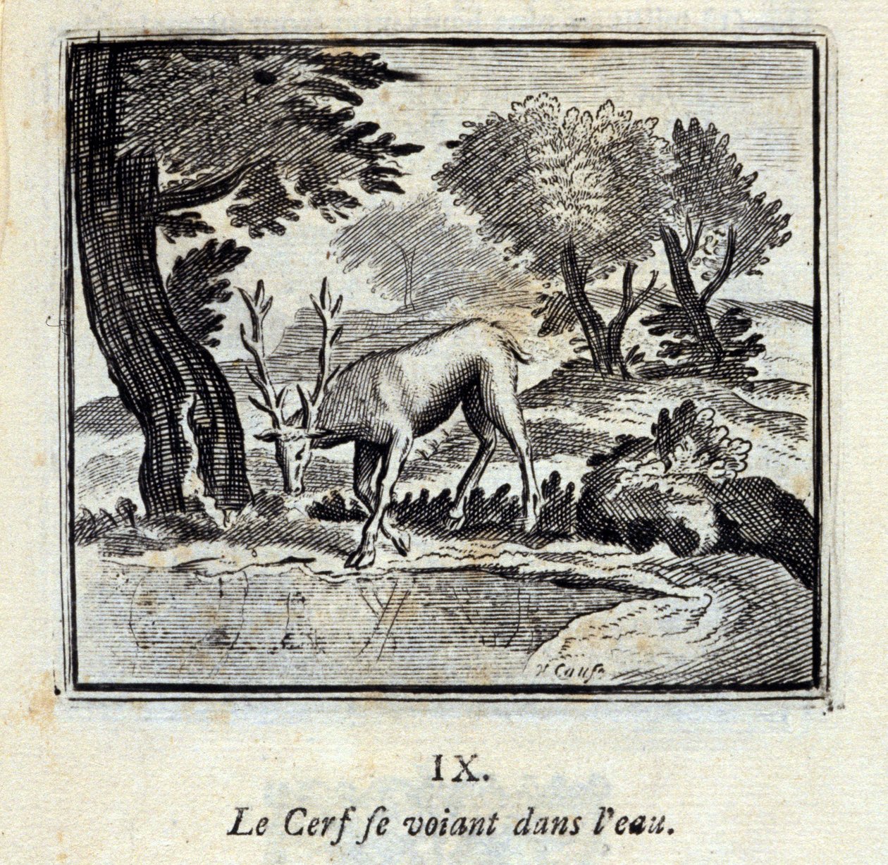 El ciervo viéndose en el agua. Fábulas de Jean de La Fontaine (1621-95). Ilustración de François Chauveau (1613-1676). Edición de 1728 de Francois Chauveau