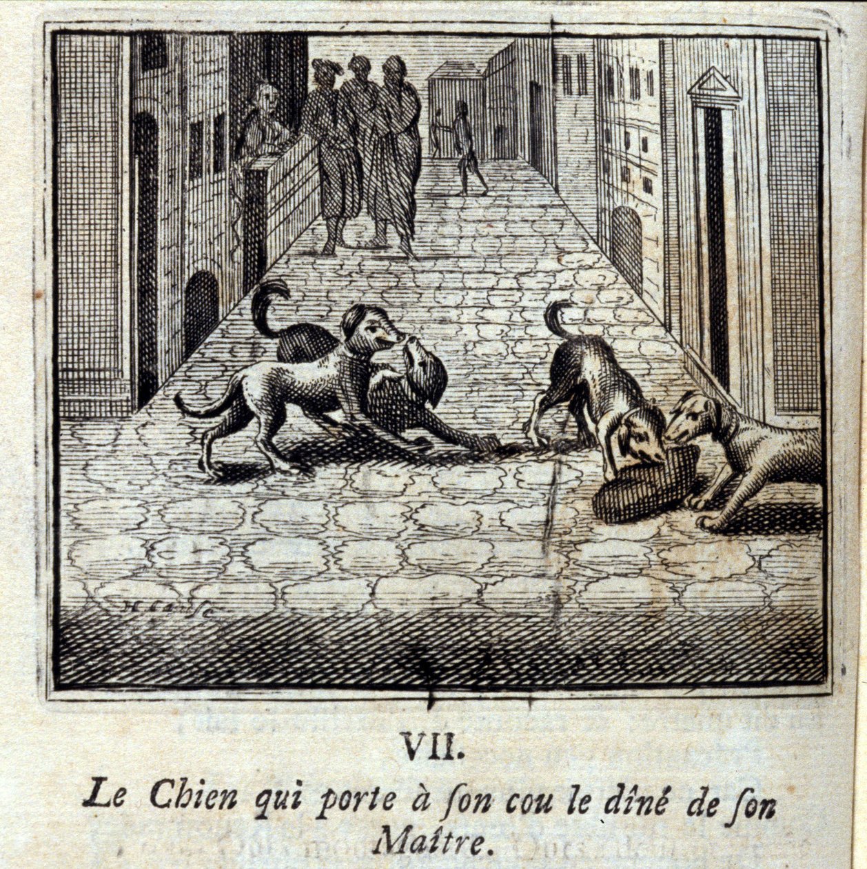 El perro que lleva la cena de su amo en el cuello. Fábulas de Jean de La Fontaine (1621-95). Ilustración de François Chauveau (1613-1676). Edición de 1728 de Francois Chauveau