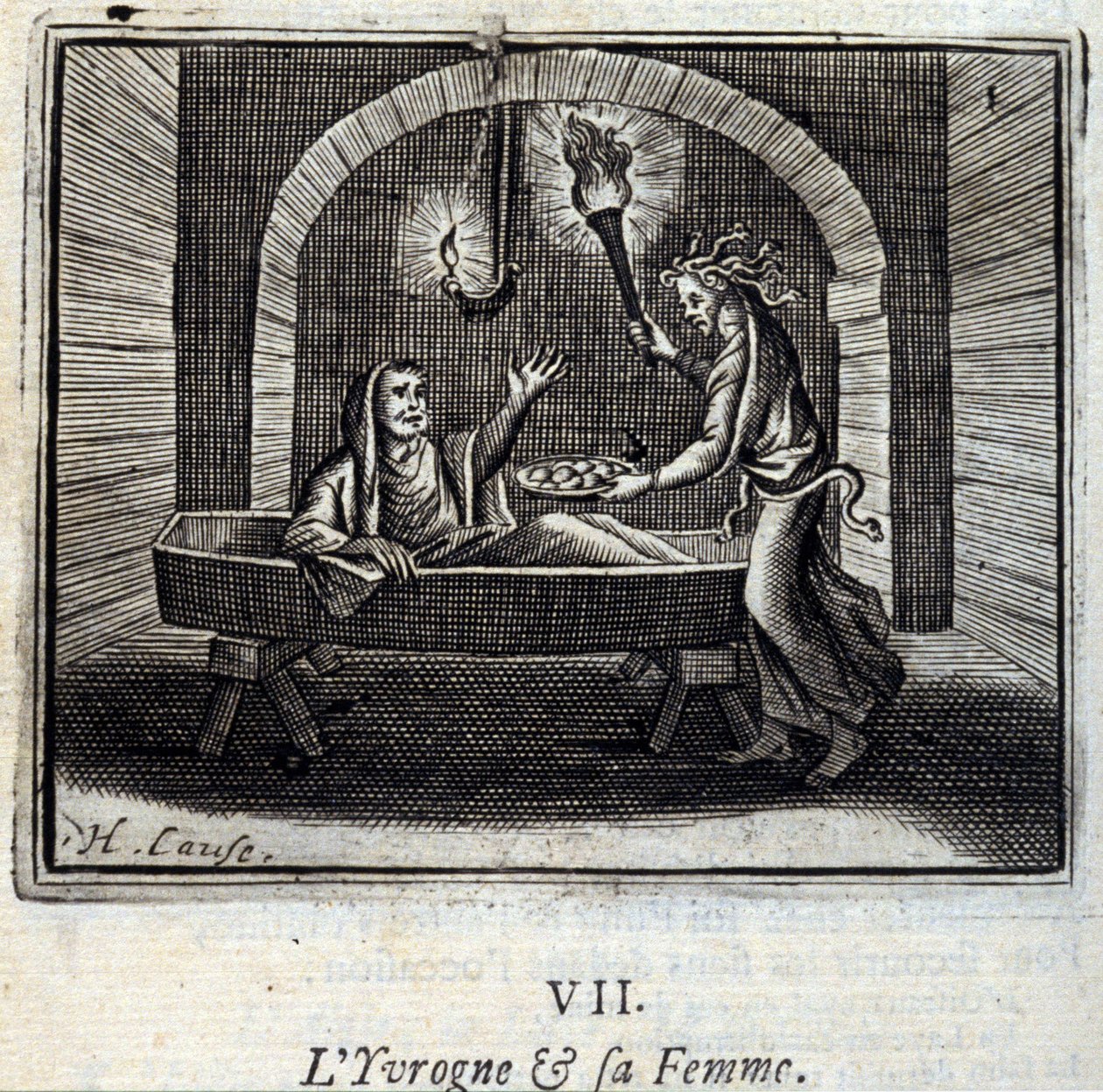 El borracho y su esposa. Fábulas de Jean de La Fontaine (1621-95). Ilustración de François Chauveau (1613-1676). Edición de 1728 de Francois Chauveau