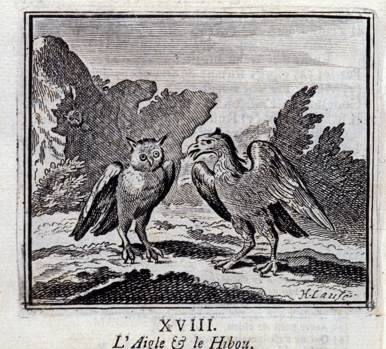 El águila y el búho. Fábulas de Jean de La Fontaine (1621-95). Ilustración de François Chauveau (1613-1676). Edición de 1728. de Francois Chauveau