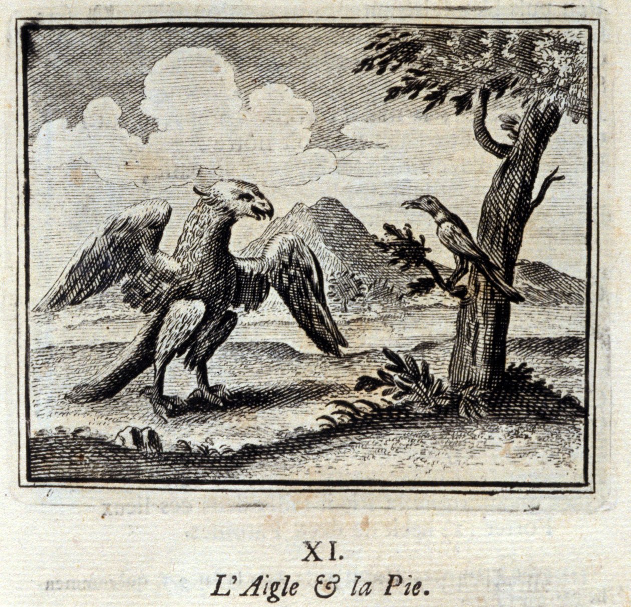 El águila y el piadoso. Fábulas de Jean de La Fontaine (1621-95). Ilustración de François Chauveau (1613-1676). Edición de 1728 de Francois Chauveau