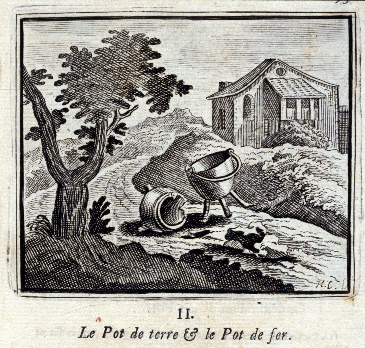 La olla de barro y la olla de hierro. Fábulas de Jean de La Fontaine. Ilustración de François Chauveau. Edición de 1728. de Francois Chauveau
