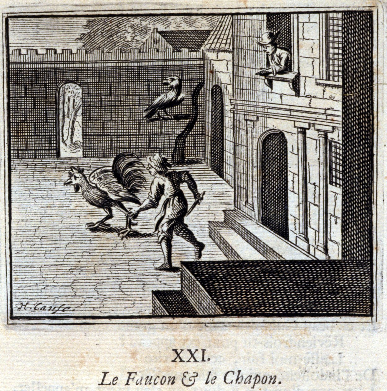 El halcón y el capón. Fábulas de Jean de La Fontaine (1621-95). Ilustración de François Chauveau (1613-1676). Edición de 1728. de Francois Chauveau