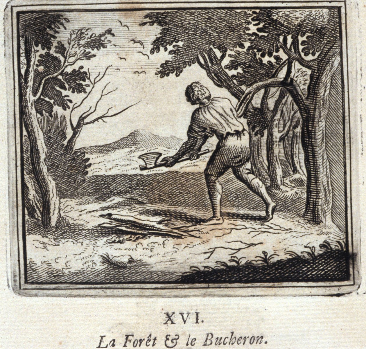 El bosque y el leñador. Fábulas de Jean de La Fontaine (1621-95). Ilustración de François Chauveau (1613-1676). Edición de 1728 de Francois Chauveau