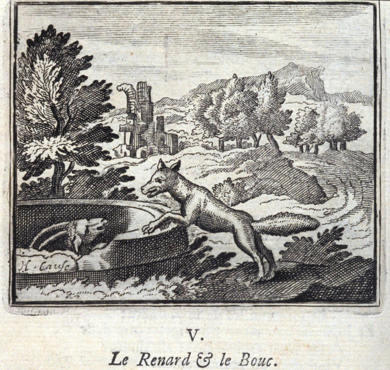 El zorro y el macho cabrío. Fábulas de Jean de La Fontaine (1621-95). Ilustración por François Chauveau (1613-1676). Edición de 1728. de Francois Chauveau
