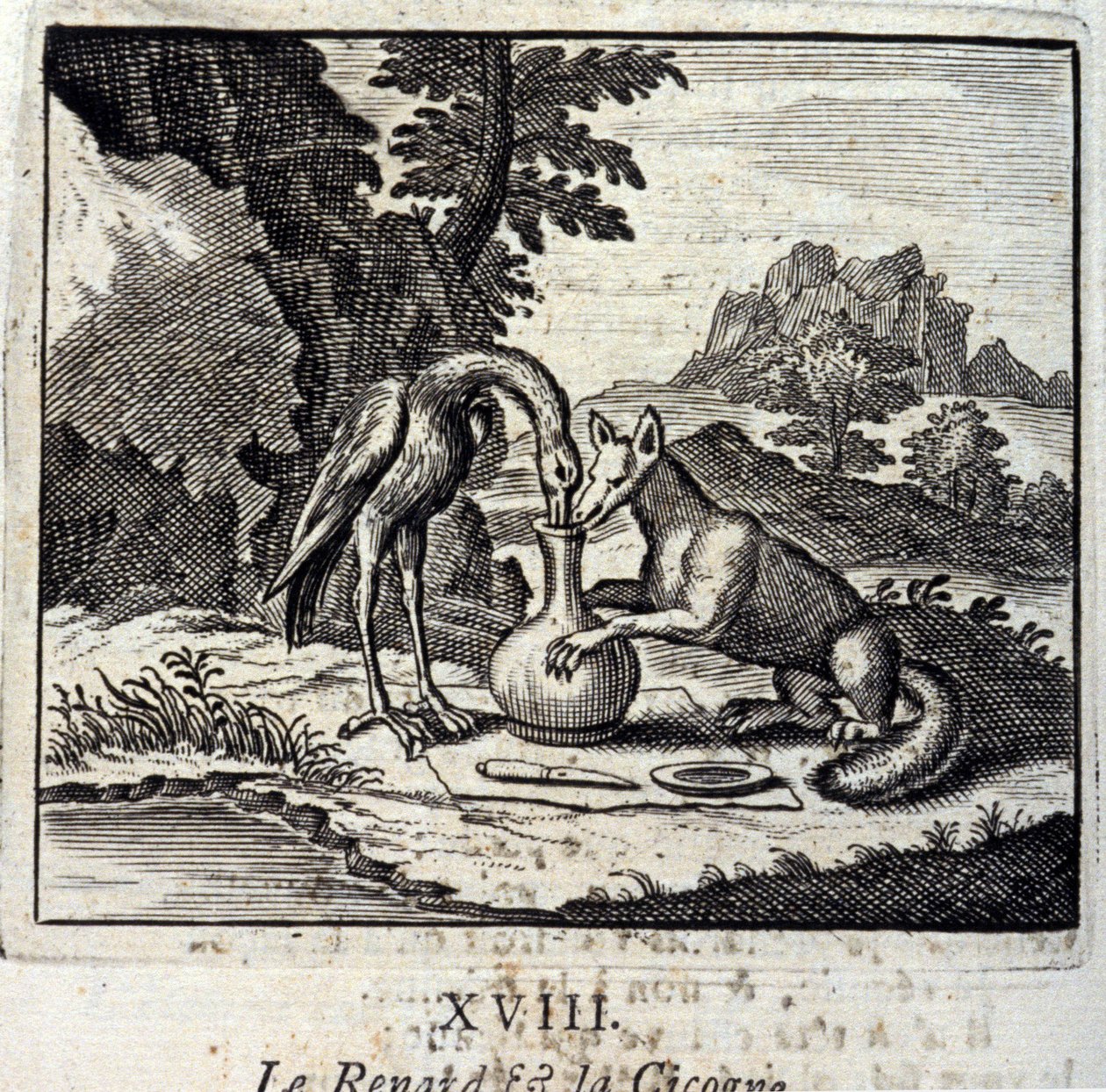 El zorro y la cigüeña. Fábulas de Jean de La Fontaine (1621-95). Ilustración de François Chauveau (1613-1676). Edición de 1728 de Francois Chauveau