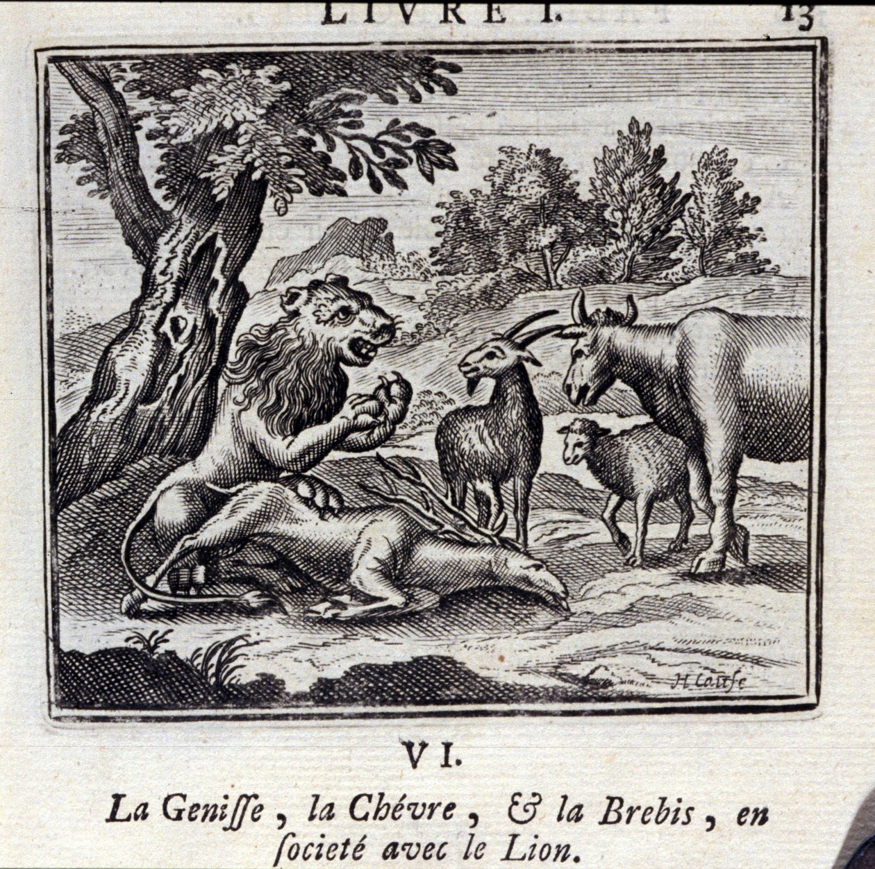 La ternera, la cabra y la oveja en sociedad con el león. Fábulas de Jean de La Fontaine (1621-95). Ilustración de François Chauveau (1613-1676). Edición de 1728. de Francois Chauveau