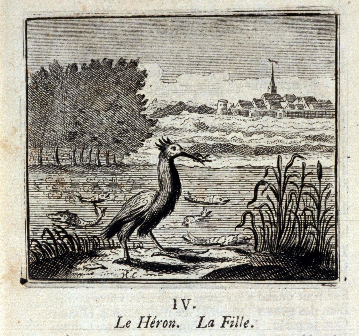 La garza. Fábulas de Jean de La Fontaine (1621-95). Ilustración de François Chauveau (1613-1676). Edición de 1728 de Francois Chauveau