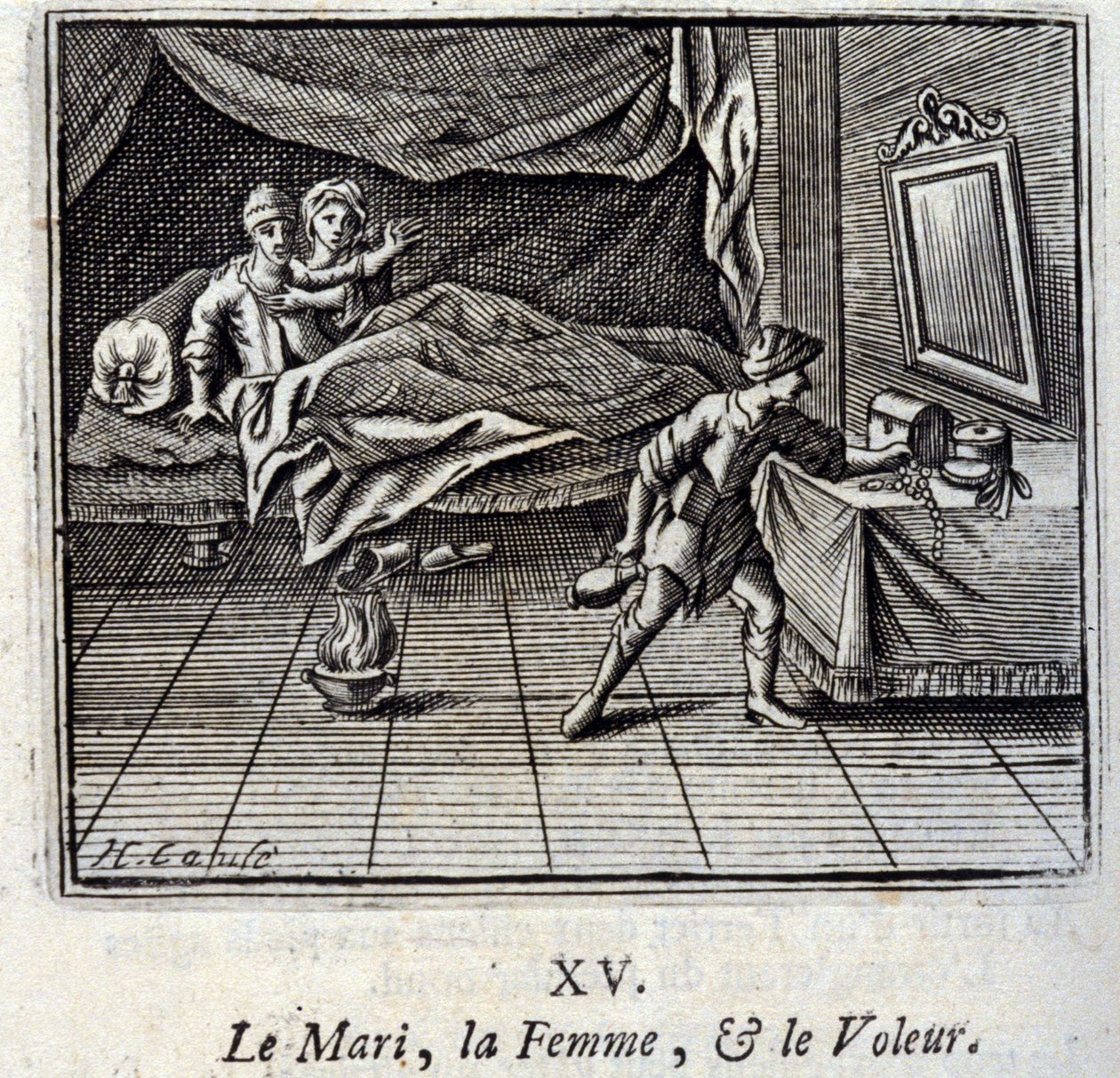 El marido, la mujer y el ladrón. Fábulas de Jean de La Fontaine. Ilustración de François Chauveau. Edición de 1728. de Francois Chauveau