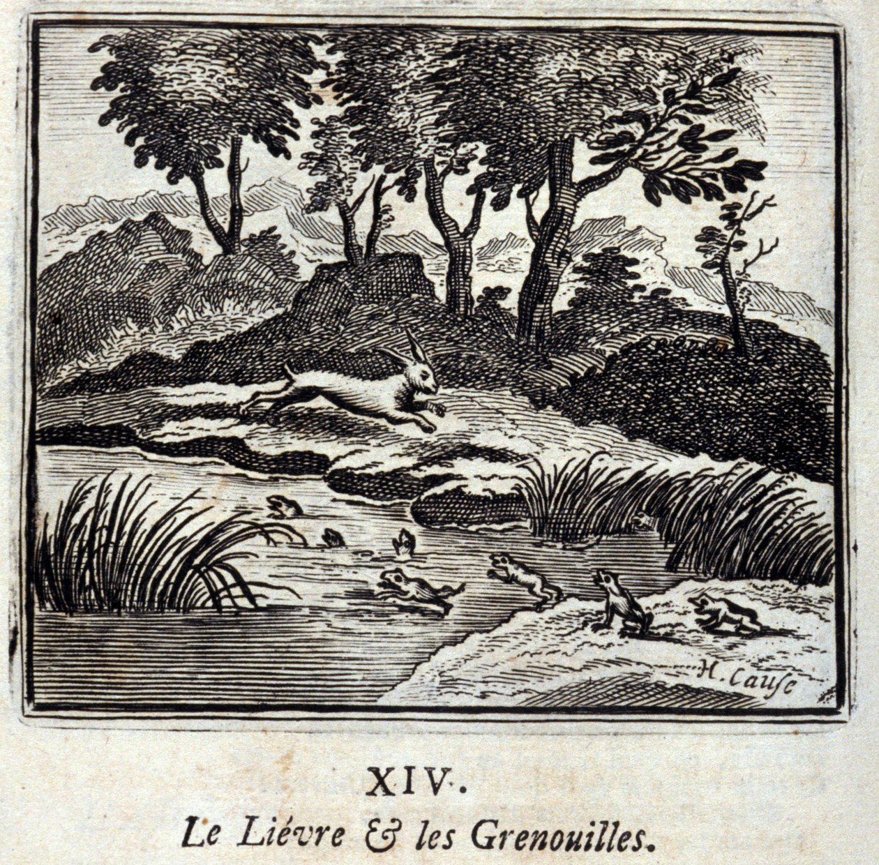 La liebre y las ranas. Fábulas de Jean de La Fontaine (1621-95). Ilustración de François Chauveau (1613-1676). Edición de 1728 de Francois Chauveau