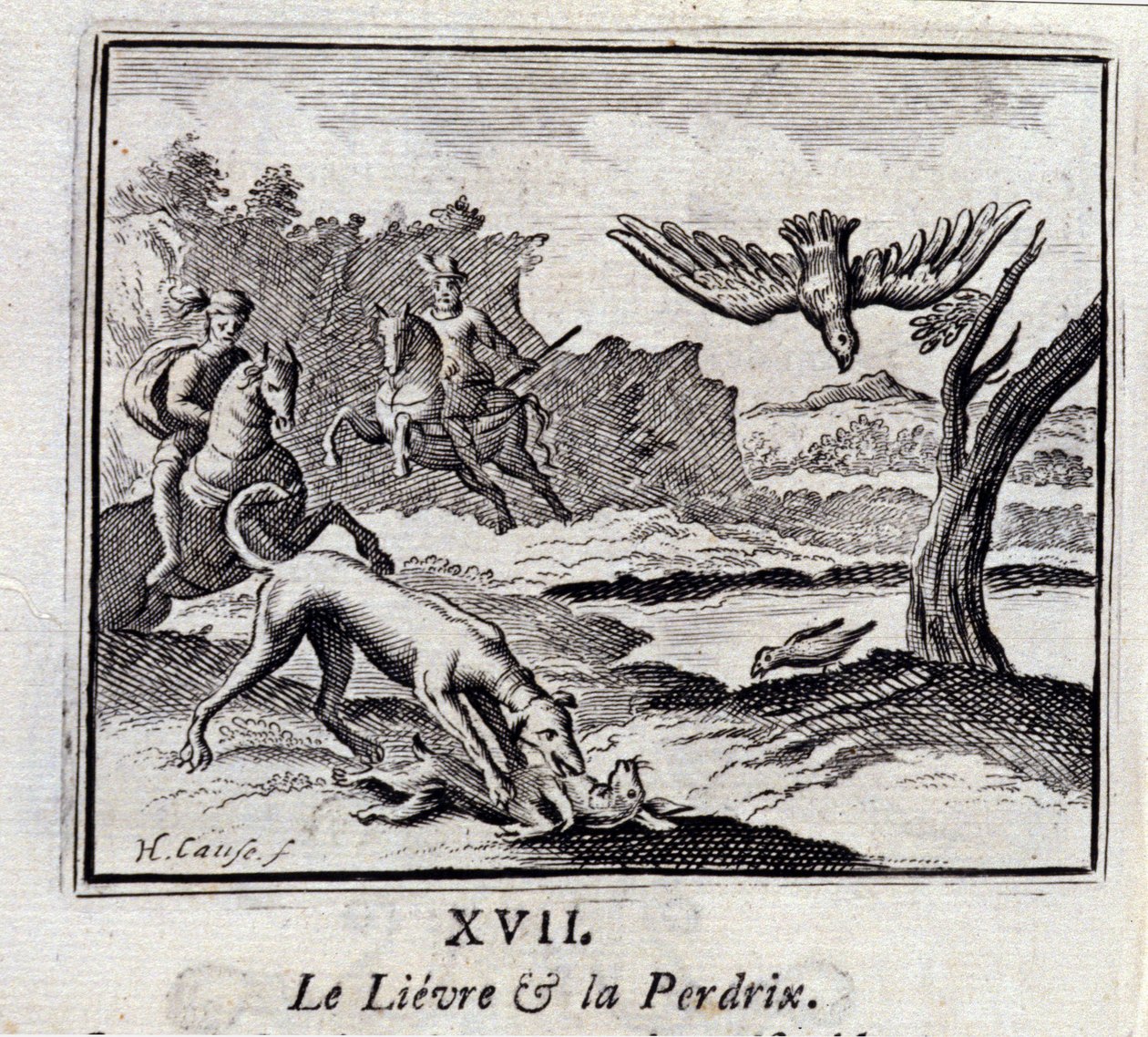 La liebre y la perdiz. Fábulas de Jean de La Fontaine (1621-95). Ilustración de François Chauveau (1613-1676). Edición de 1728 de Francois Chauveau