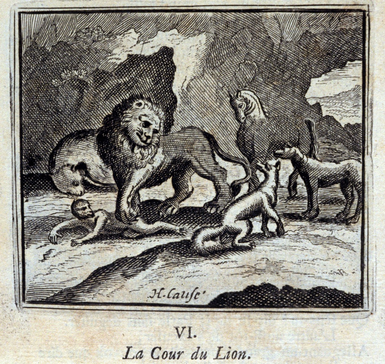 La corte del león. Fábulas de Jean de La Fontaine (1621-95). Ilustración de François Chauveau (1613-1676). Edición de 1728 de Francois Chauveau