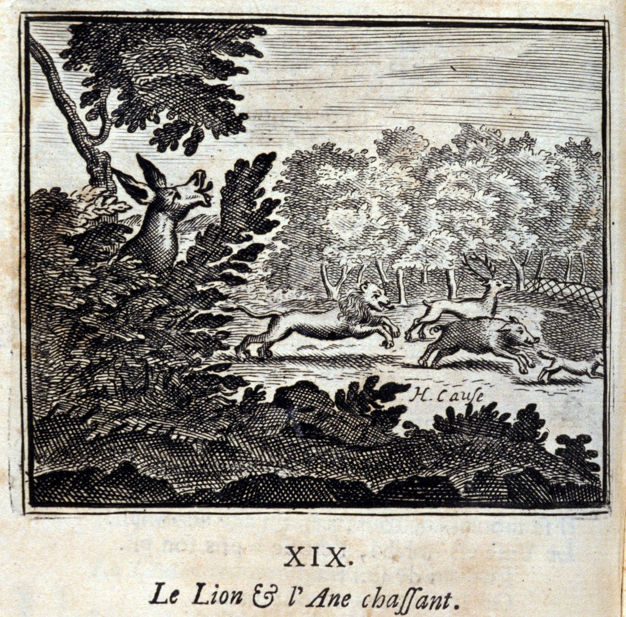 El león y el burro cazando. Fábulas de Jean de La Fontaine (1621-95). Ilustración de François Chauveau (1613-1676). Edición de 1728 de Francois Chauveau