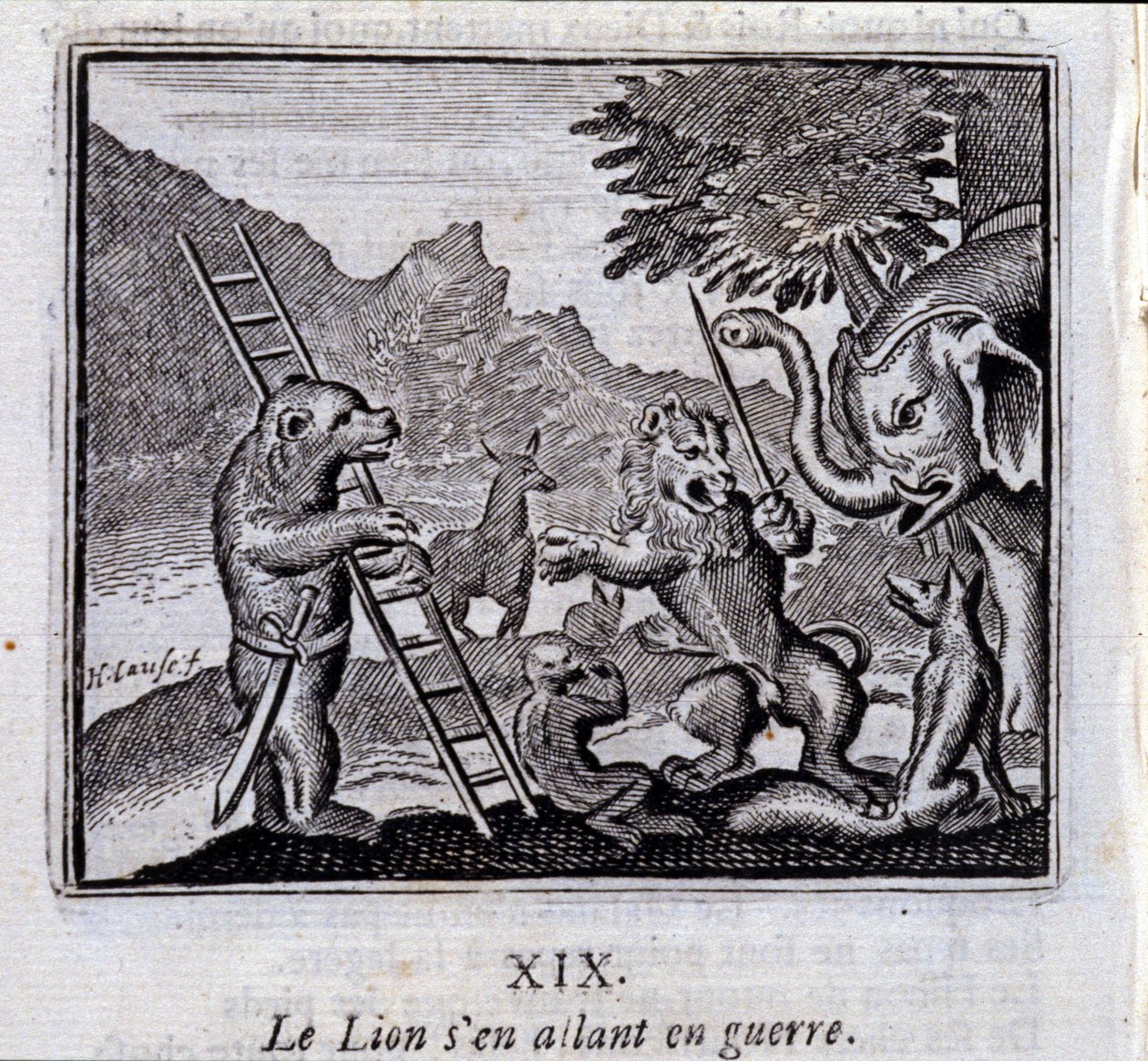 El león yendo a la guerra. Fábulas de Jean de La Fontaine (1621-95). Ilustración de François Chauveau (1613-1676). Edición de 1728 de Francois Chauveau