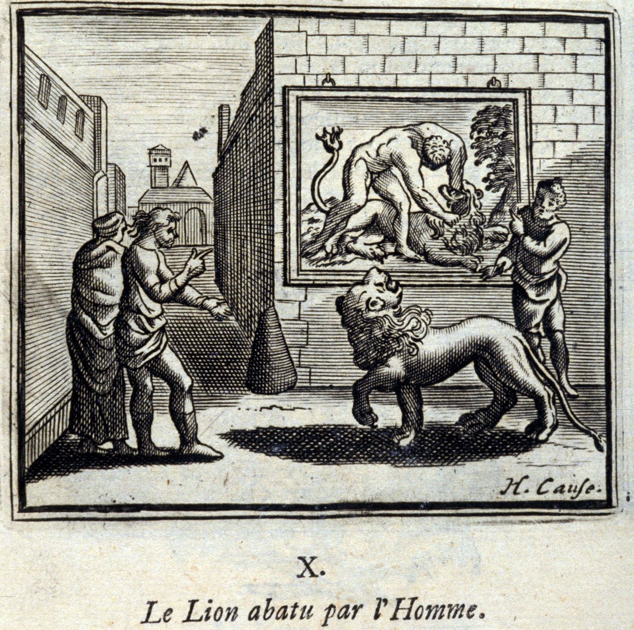 El león abatido por el hombre. Fábulas de Jean de La Fontaine (1621-95). Ilustración de François Chauveau (1613-1676). Edición de 1728 de Francois Chauveau