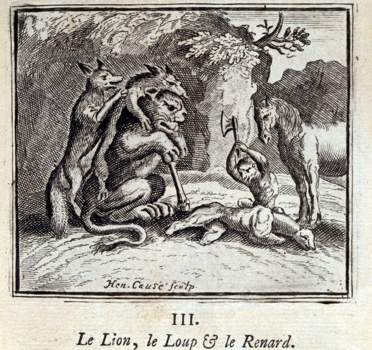 El león, el lobo y el zorro. Fábulas de Jean de La Fontaine. Ilustración de François Chauveau. Edición de 1728. de Francois Chauveau