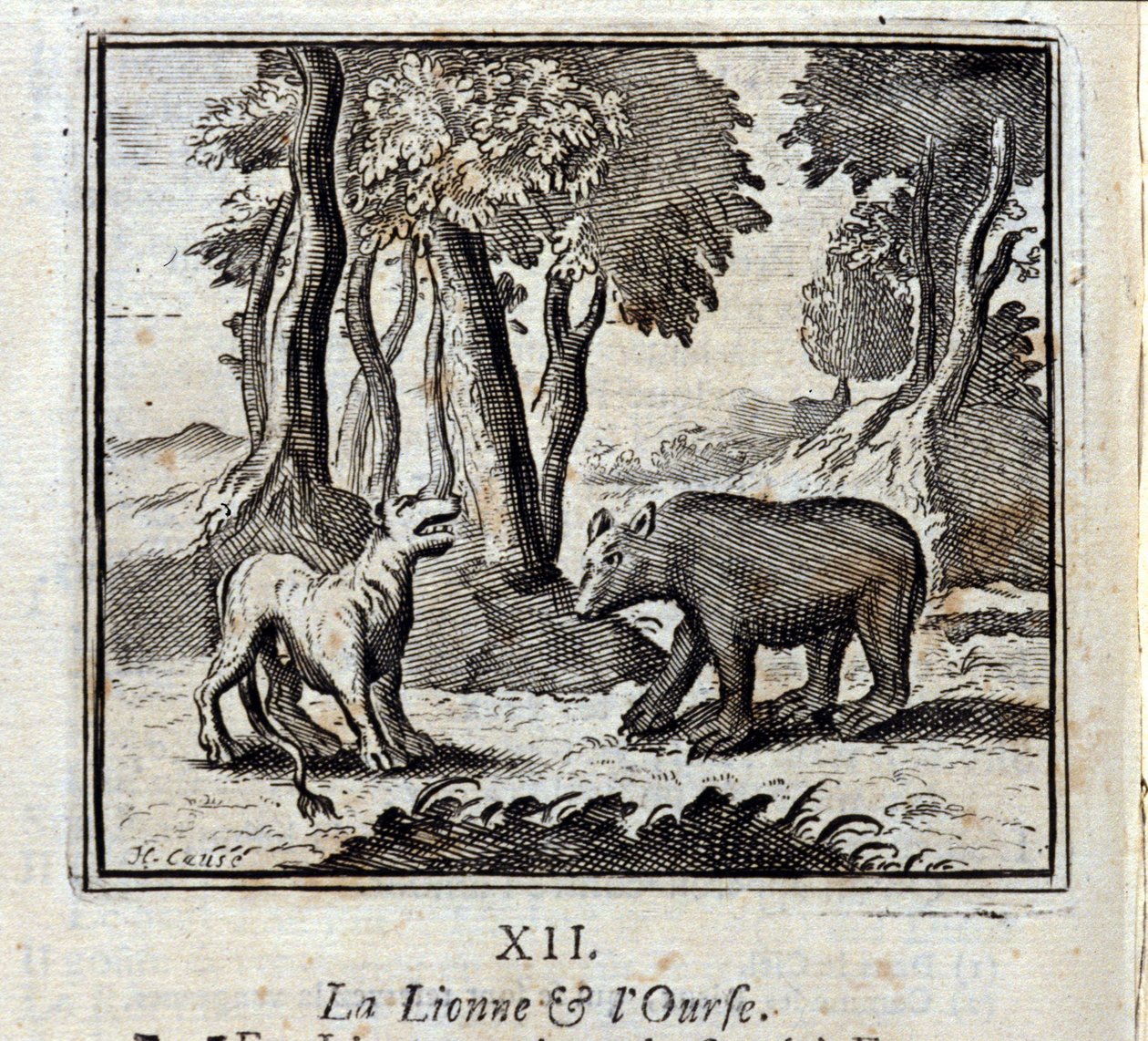 La leona y el oso. Fábulas de Jean de La Fontaine. Ilustración de François Chauveau. Edición de 1728. de Francois Chauveau