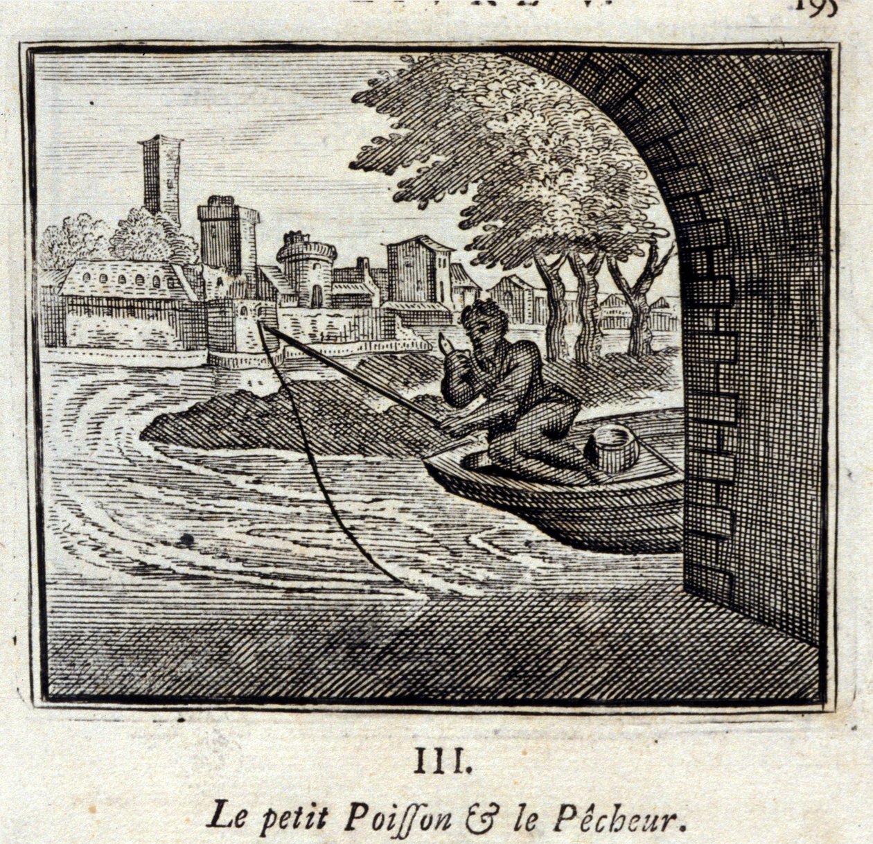 El pez pequeño y el pescador. Fábulas de Jean de La Fontaine (1621-95). Ilustración por François Chauveau (1613-1676). Edición de 1728. de Francois Chauveau