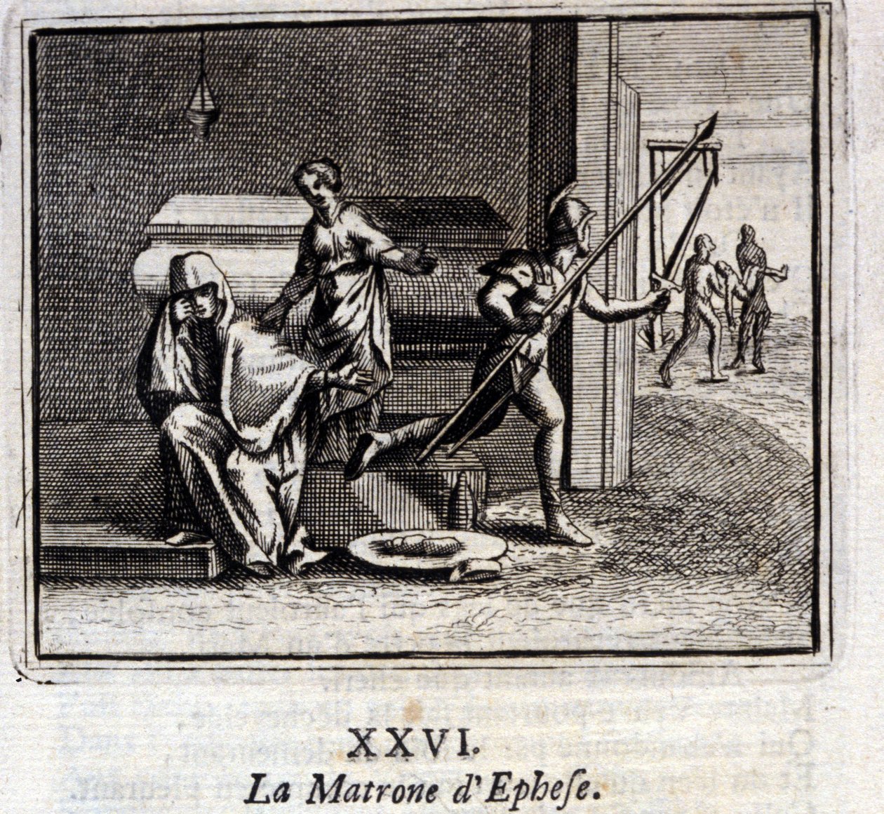 La matrona de Éfeso. Fábulas de Jean de La Fontaine (1621-95). Ilustración de François Chauveau (1613-1676). Edición de 1728 de Francois Chauveau