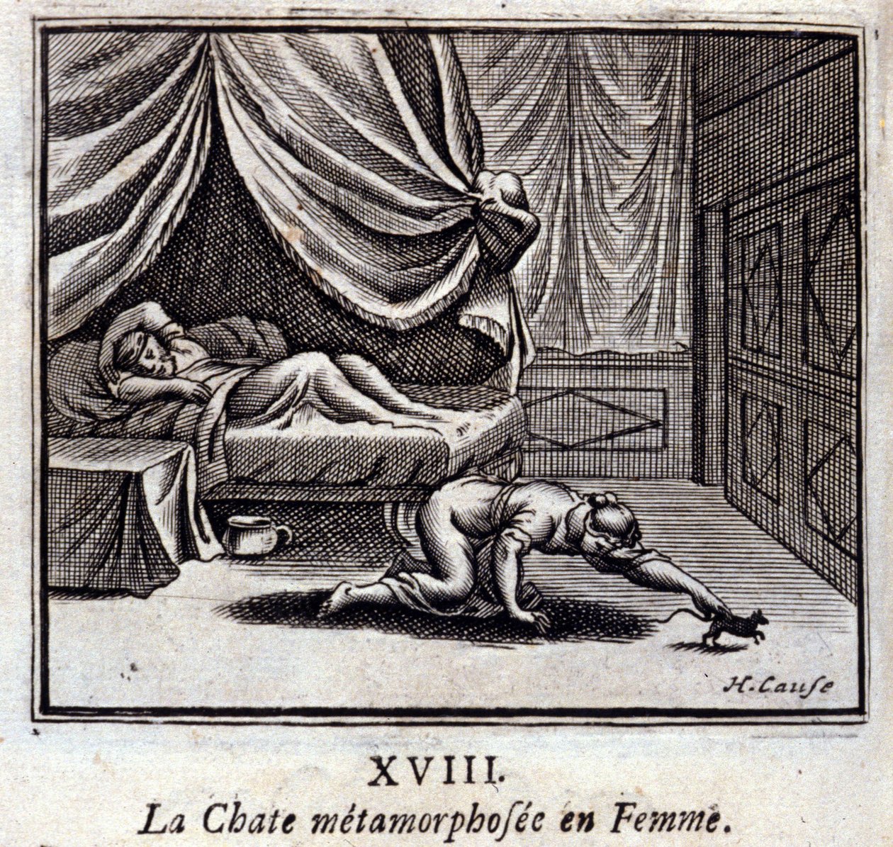 El gato metamorfoseado en mujer. Fábulas de Jean de La Fontaine (1621-95). Ilustración de François Chauveau (1613-1676). Edición de 1728. de Francois Chauveau