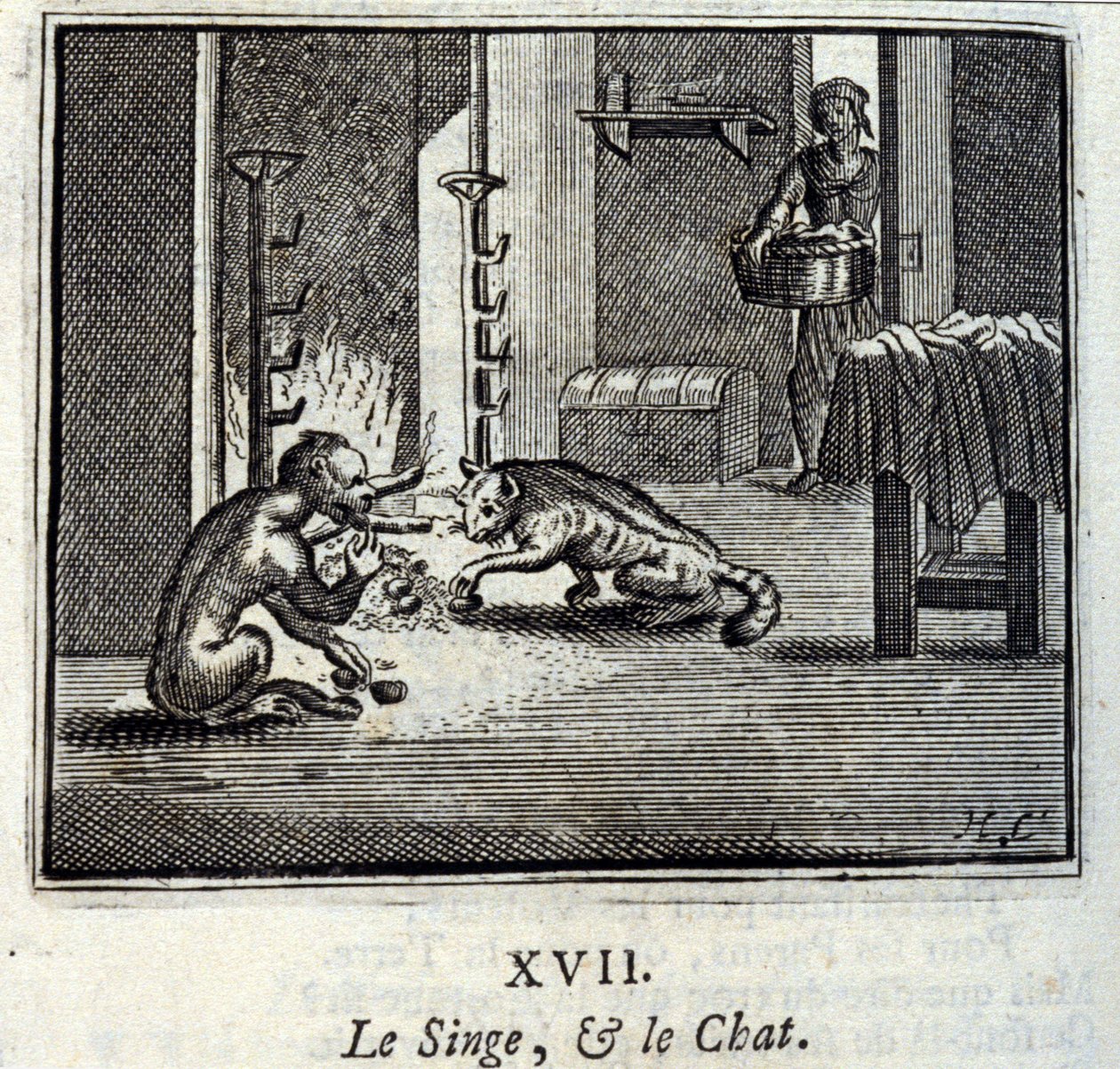 El mono y el gato. Fábulas de Jean de La Fontaine. Ilustración de François Chauveau. Edición de 1728. de Francois Chauveau