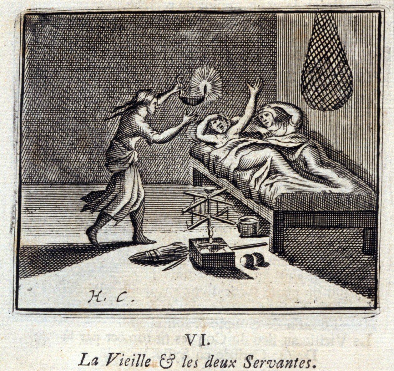 La anciana y los dos sirvientes. Fábulas de Jean de La Fontaine (1621-95). Ilustración por François Chauveau (1613-1676). Edición de 1728. de Francois Chauveau