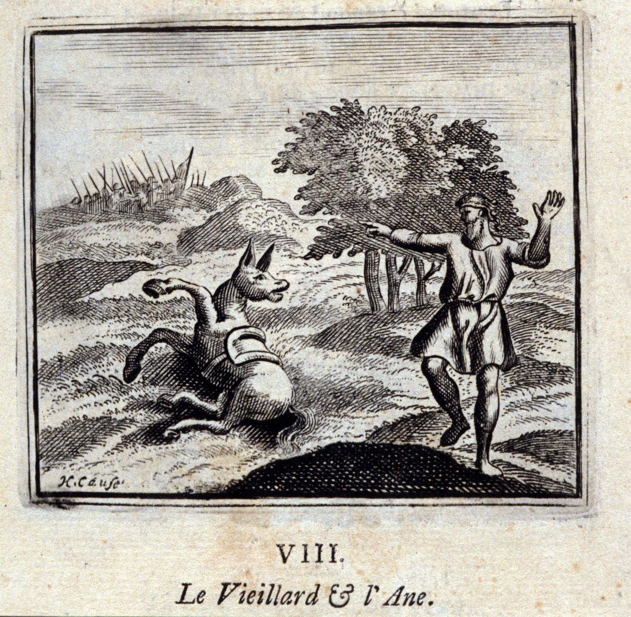 El viejo y el burro. Fábulas de Jean de La Fontaine (1621-95). Ilustración de François Chauveau (1613-1676). Edición de 1728 de Francois Chauveau