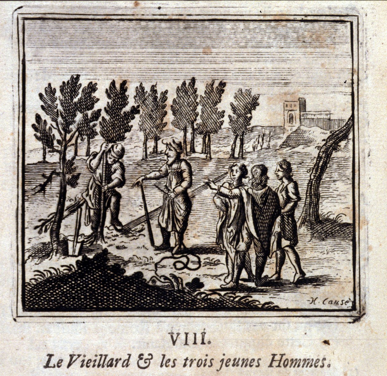 El viejo y los tres jóvenes. Fábulas de Jean de La Fontaine (1621-95). Ilustración de François Chauveau (1613-1676). Edición de 1728 de Francois Chauveau