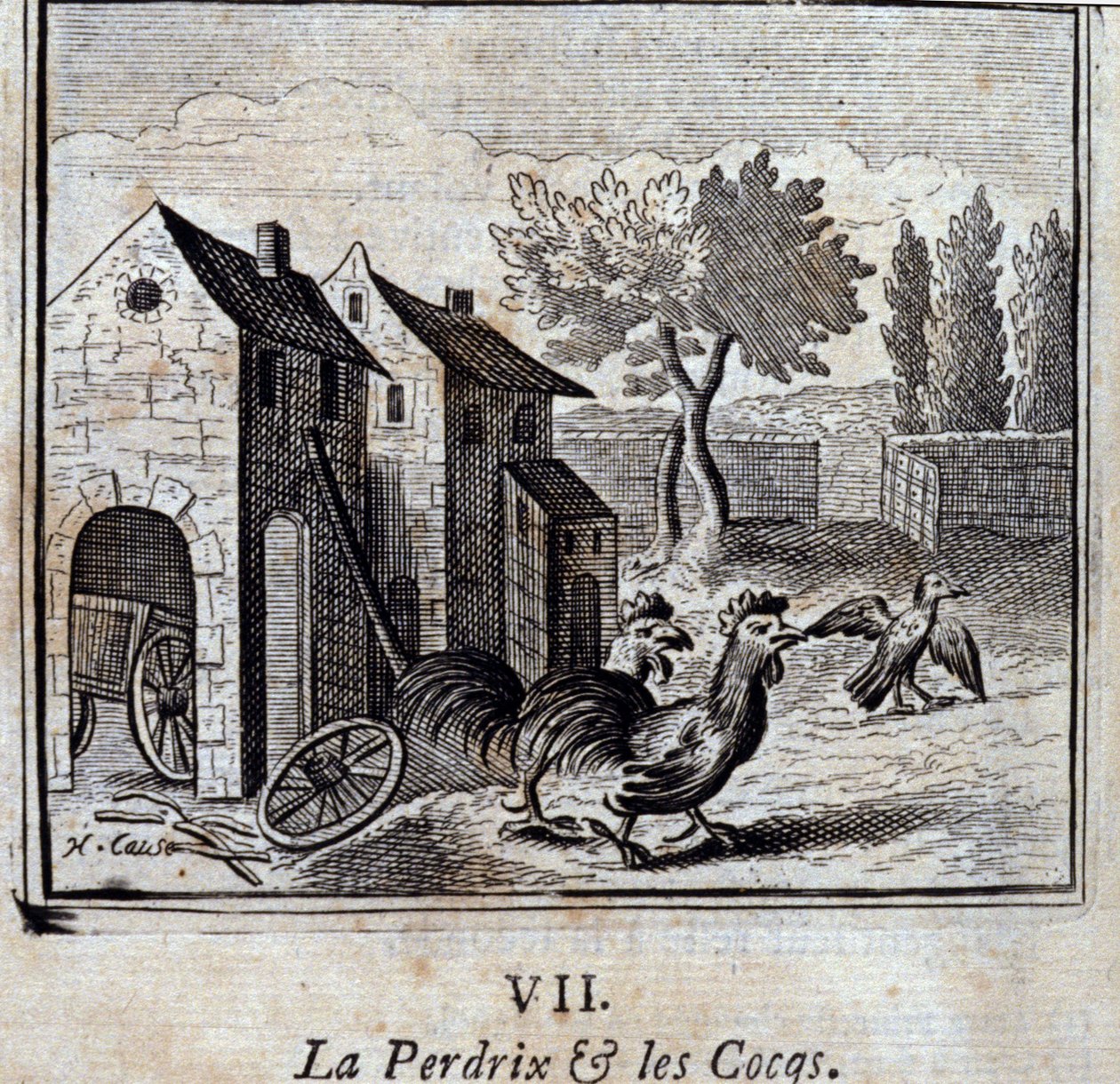 La perdiz y los gallos. Fábulas de Jean de La Fontaine. Ilustración de François Chauveau. Edición de 1728. de Francois Chauveau