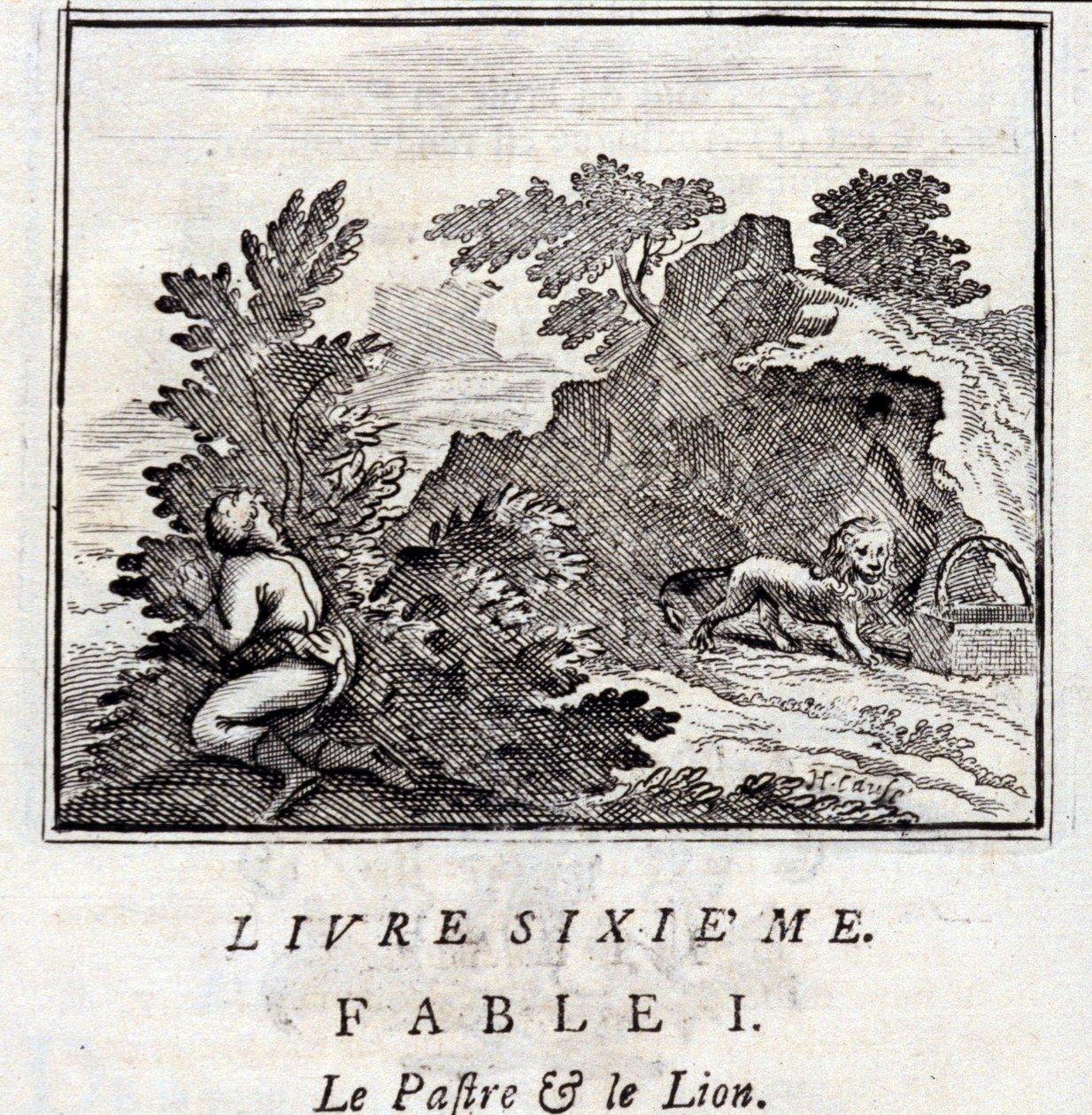 El patra y el león. Fábulas de Jean de La Fontaine (1621-95). Ilustración por François Chauveau (1613-1676). Edición de 1728. de Francois Chauveau