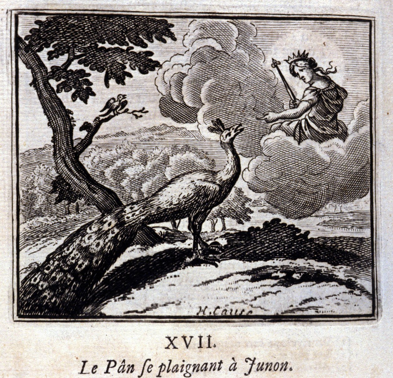 El pavo real quejándose a Juno. Fábulas de Jean de La Fontaine. Ilustración de François Chauveau. Edición de 1728. de Francois Chauveau