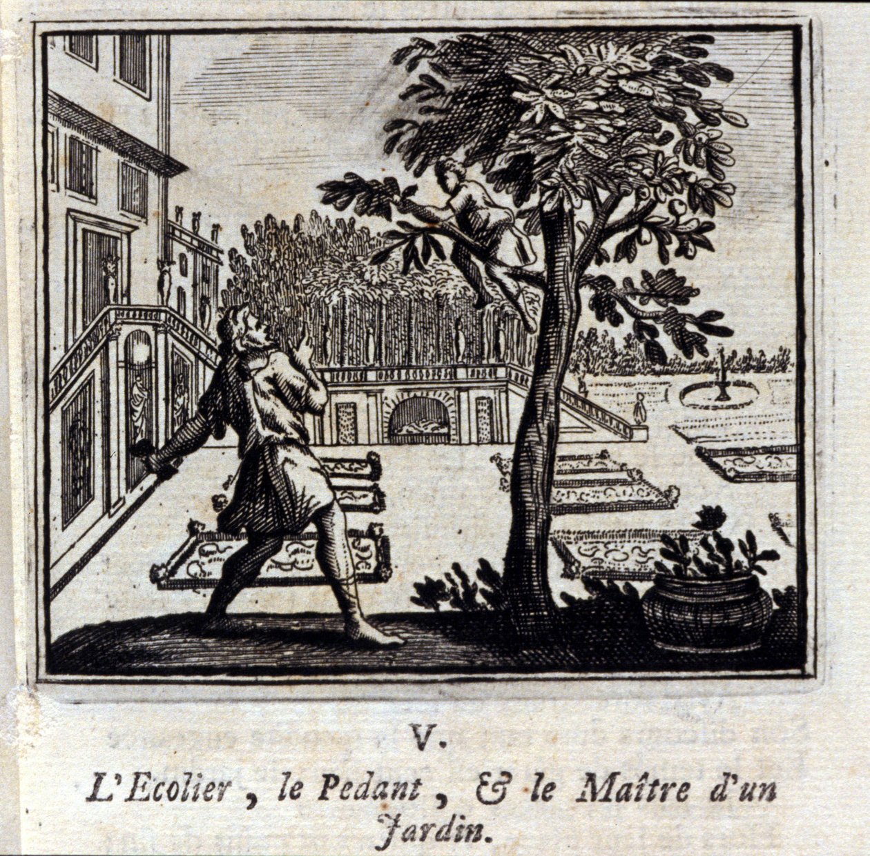 La escuela del pedante y el maestro de un jardín. Fábulas de Jean de La Fontaine. Ilustración de François Chauveau. Edición de 1728. de Francois Chauveau