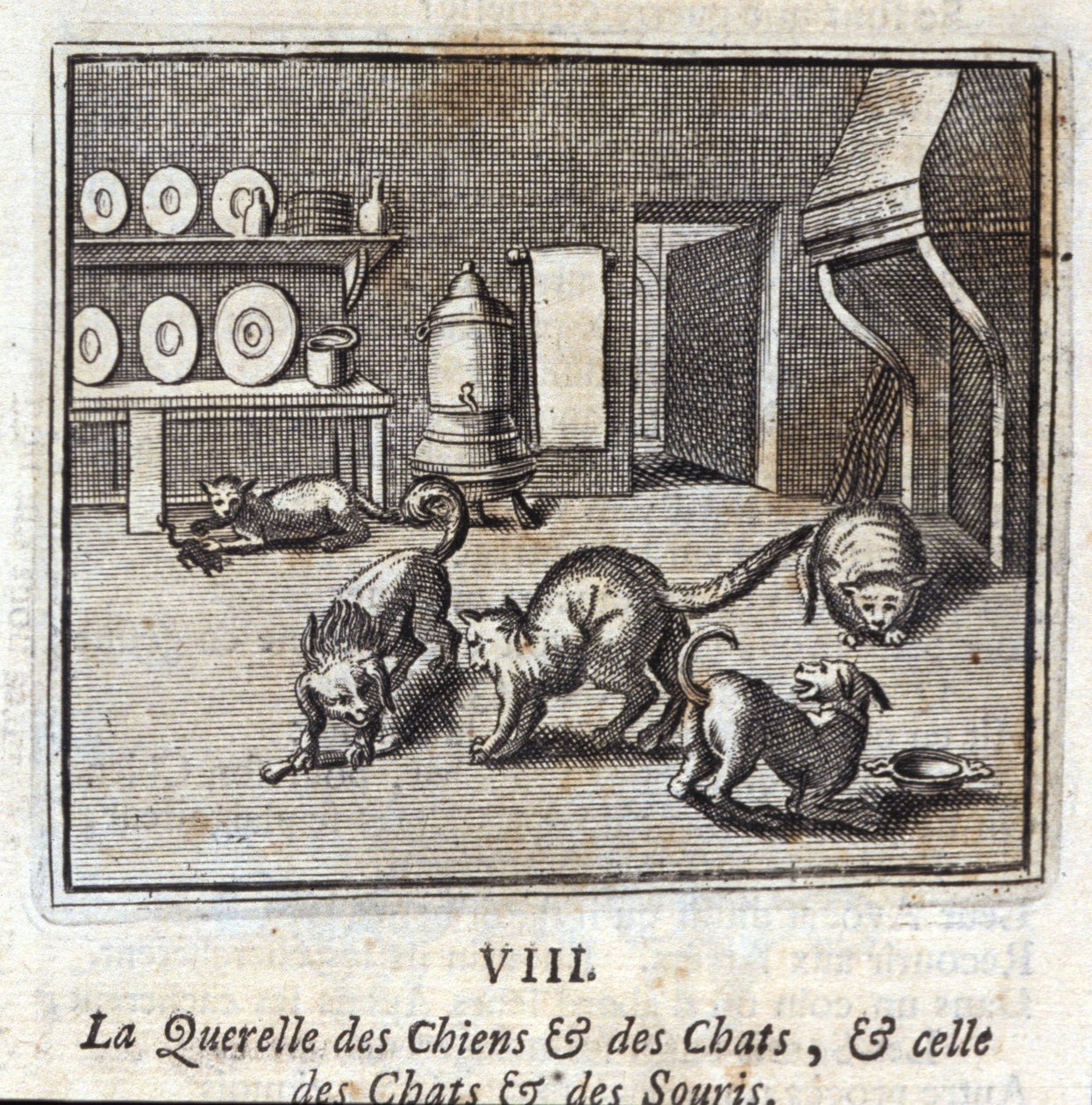 La querella de perros y gatos, y la de gatos y ratones. Fábulas de Jean de La Fontaine. Ilustración de François Chauveau. Edición de 1728. de Francois Chauveau