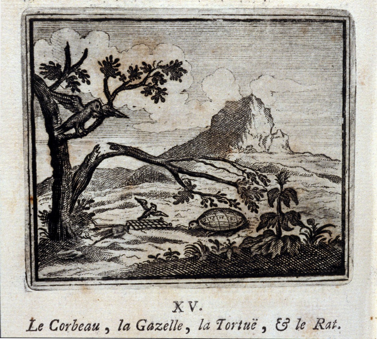 El cuervo, la gacela, la tortuga y la rata. Fábulas de Jean de La Fontaine (1621-95). Ilustración por François Chauveau (1613-1676). Edición de 1728. de Francois Chauveau