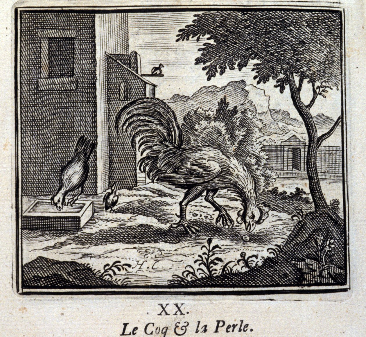 El gallo y la perla. Fábulas de Jean de La Fontaine (1621-95). Ilustración de François Chauveau (1613-1676). Edición de 1728 de Francois Chauveau