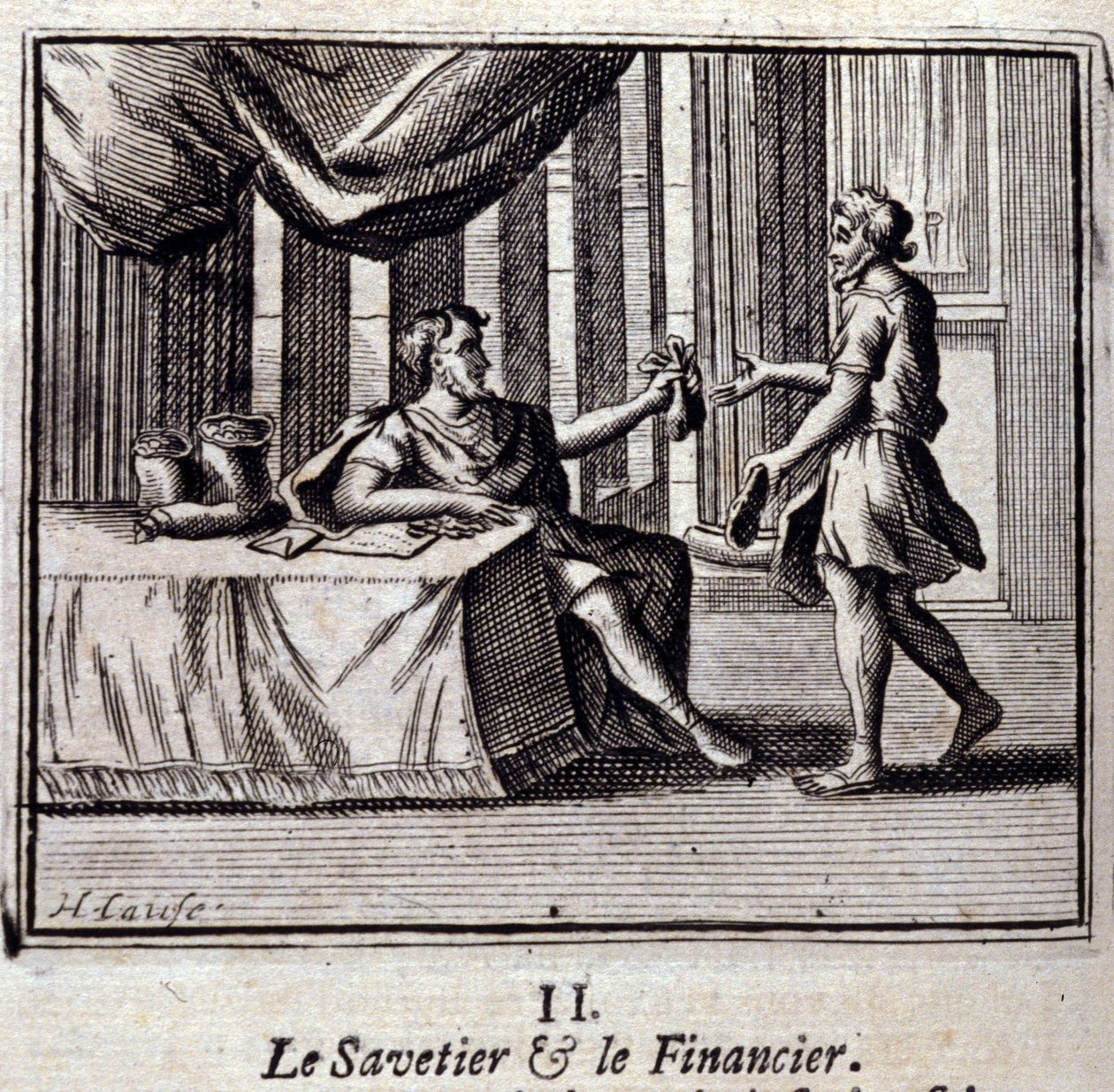 El zapatero y el buscador. Fábulas de Jean de La Fontaine (1621-95). Ilustración de François Chauveau (1613-1676). Edición de 1728 de Francois Chauveau